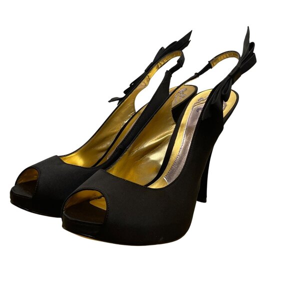 Hale Bob Womens Black Satin Bow Detail Slingback Peep-Toe Heels Size 8.5M - Picture 3 of 9